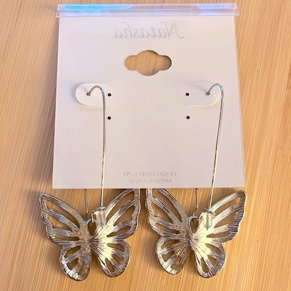 Brand New Natasha Rhinestone Butterfly Silver Tone Drop Earrings Sparkly - Picture 10 of 13